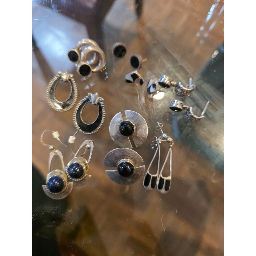 Silver Black Onyx Lover's Earring Mixed Lot-Stud Dangle 8 Pair